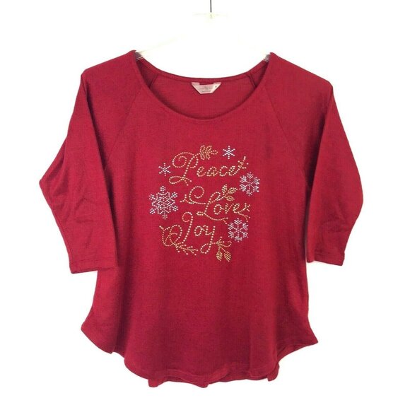 Christmas Novelty Knit Top SJS M Holiday Chic Peace Love Joy Red Bling Sparkle - Picture 10 of 10